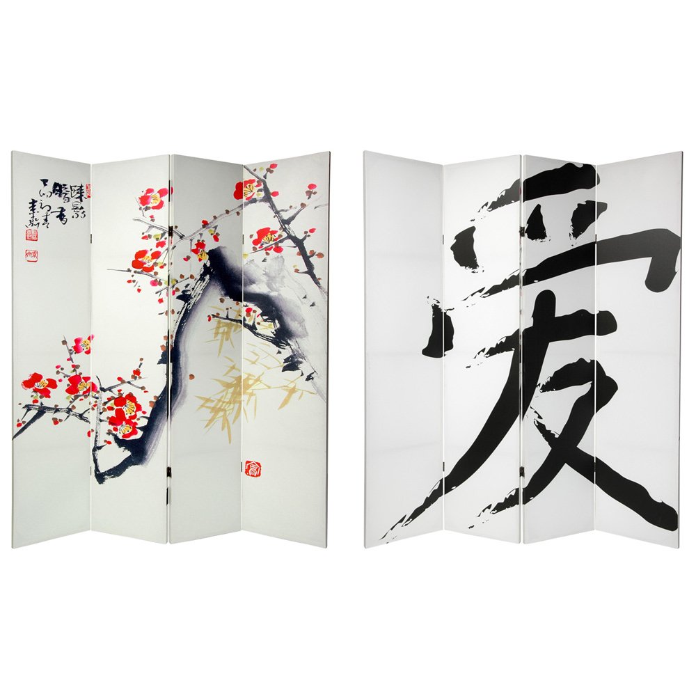 Oriental Furniture 6 ft. Tall Double Sided Cherry Blossoms and Love Canvas Room Divider - 4 Panel, White Oriental Furniture 6 ft. Tall Double Sided Cherry Blossoms and Love Canvas Room Divider - 4 Panel, White