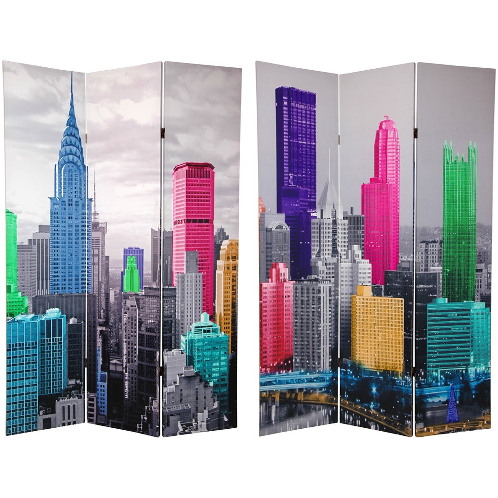 Oriental Furniture 6 ft. Tall Double Sided Colorful New York Scene Canvas Room Divider - 3 Panel