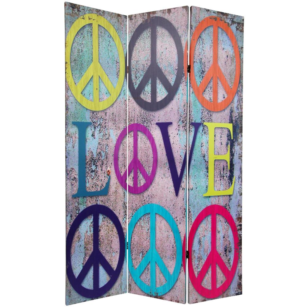 Oriental Furniture 6 ft. Tall Double Sided Multi-Color Peace & Love Canvas Room Divider - 3 Panel