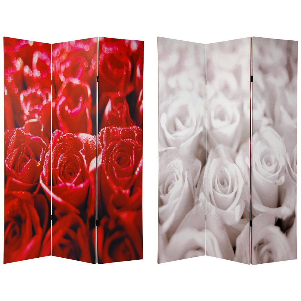 Oriental Furniture 6 ft. Tall Double Sided Red and White Roses Canvas Room Divider - 3 Panel