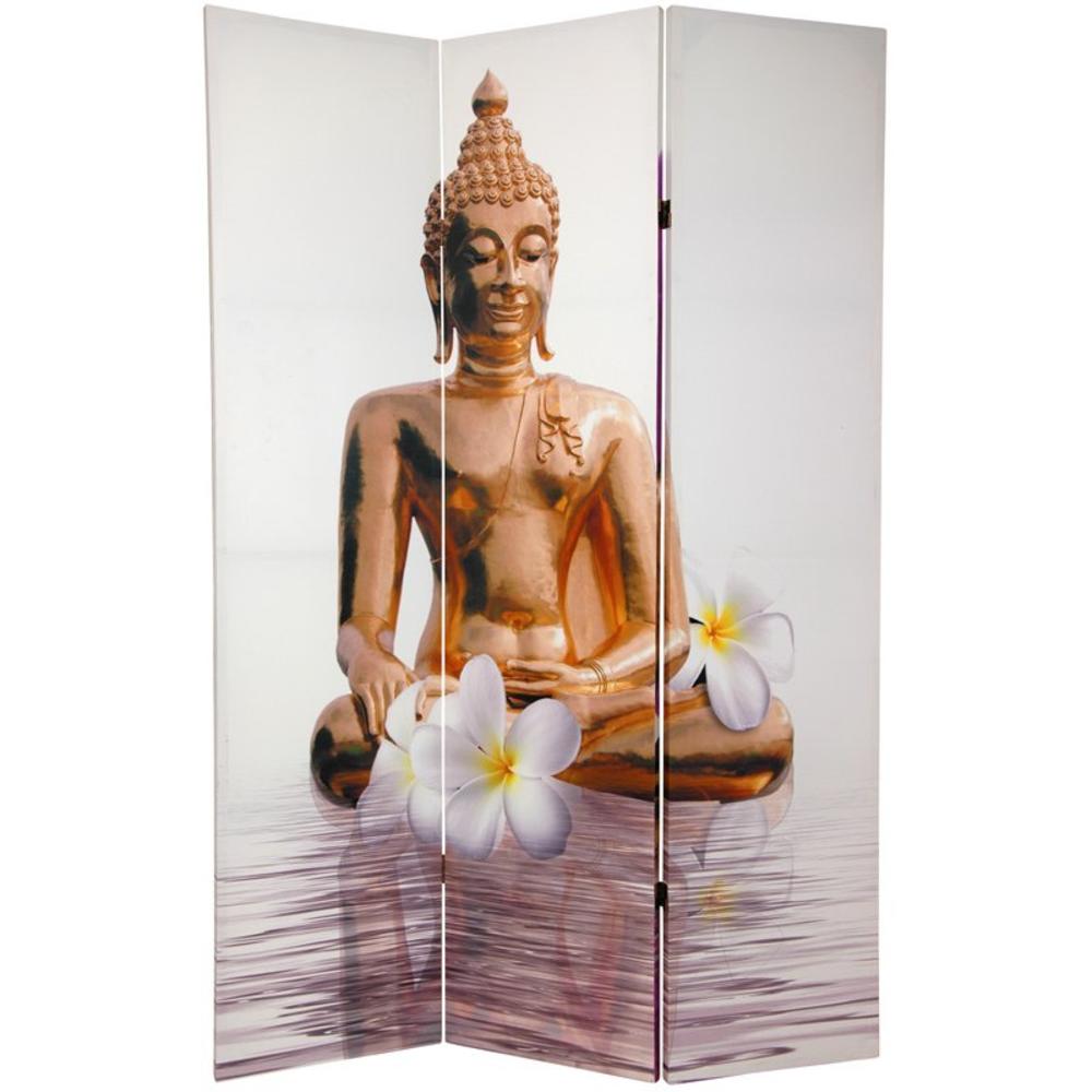 Oriental Furniture 6 ft. Tall Double Sided Thai Buddha and Flowers Canvas Room Divider - 3 Panel