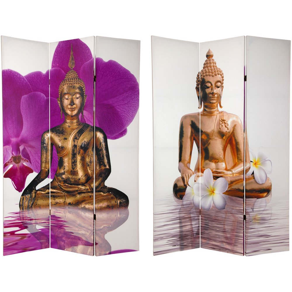 Oriental Furniture 6 ft. Tall Double Sided Thai Buddha and Flowers Canvas Room Divider - 3 Panel