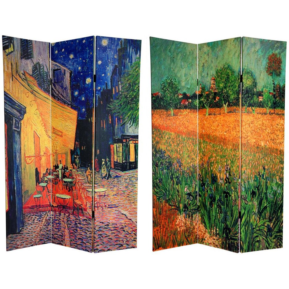 Oriental Furniture 6 ft. Tall Double Sided Van Gogh's Caf Terrace & View of Arles Art Print Canvas Room Divider - 3 Panel