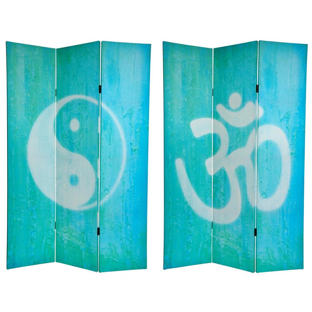 Oriental Furniture 6 ft. Tall Double Sided Yin Yang/Om Canvas Room Divider - 3 Panel, Blue Oriental Furniture 6 ft. Tall Double Sided Yin Yang/Om Canvas Room Divider - 3 Panel, Blue