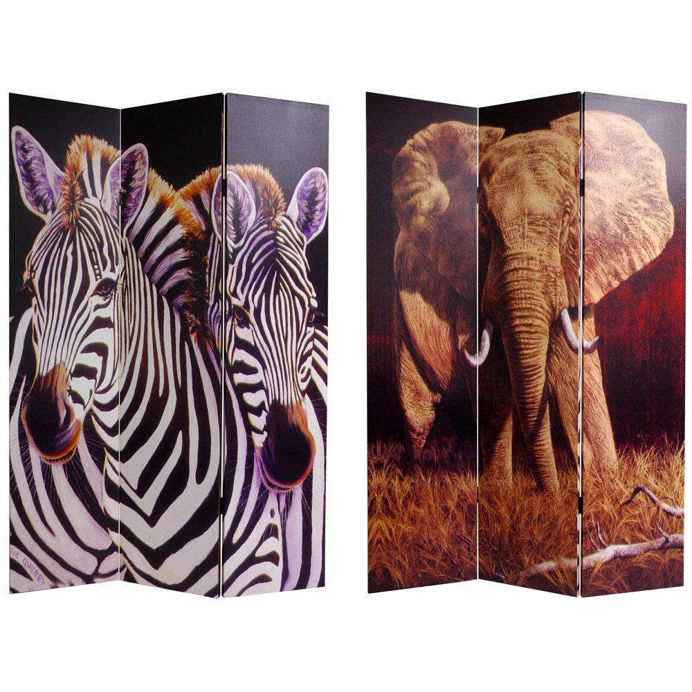 Oriental Furniture 6 ft. Tall Double Sided Elephant and Zebra Canvas Room Divider - 3 Panel Oriental Furniture 6 ft. Tall Double Sided Elephant and Zebra Canvas Room Divider - 3 Panel