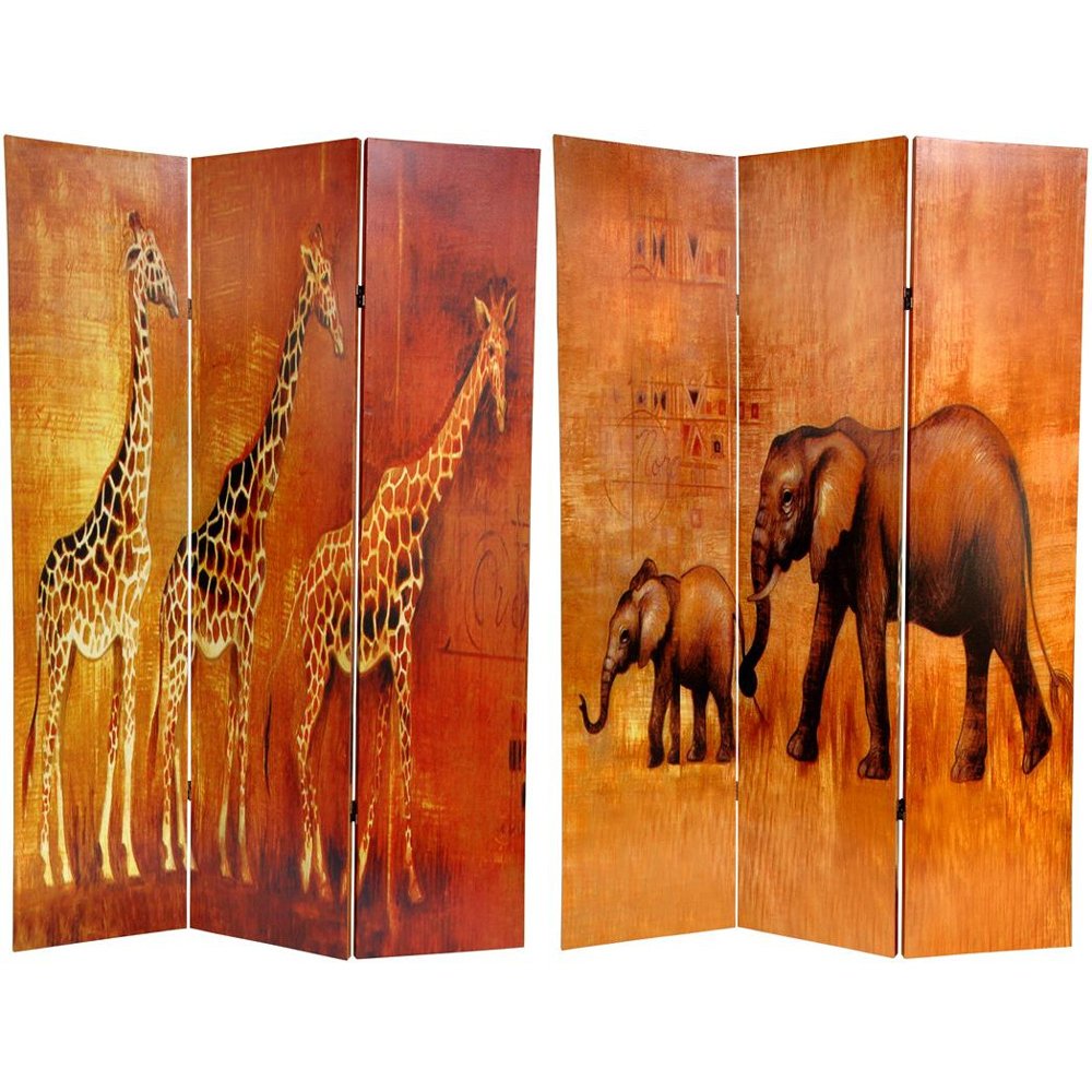 Oriental Furniture 6 ft. Tall Giraffe & Elephant Double Sided Room Divider - 3 Panel