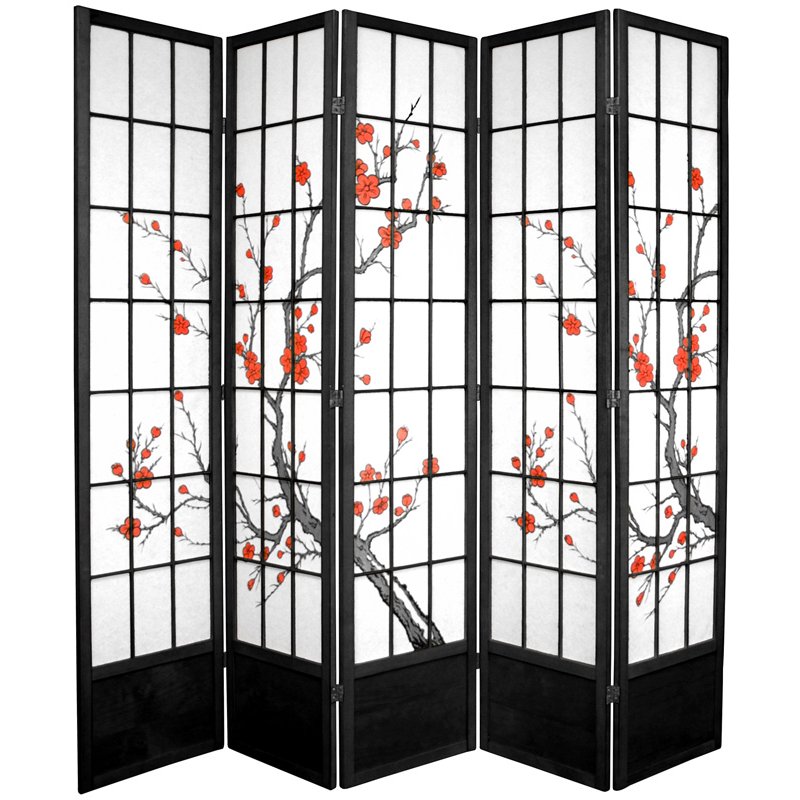 Oriental Furniture 7 ft. Tall Cherry Blossom Shoji Screen - 5 Panel - Black Oriental Furniture 7 ft. Tall Cherry Blossom Shoji Screen - 5 Panel - Black