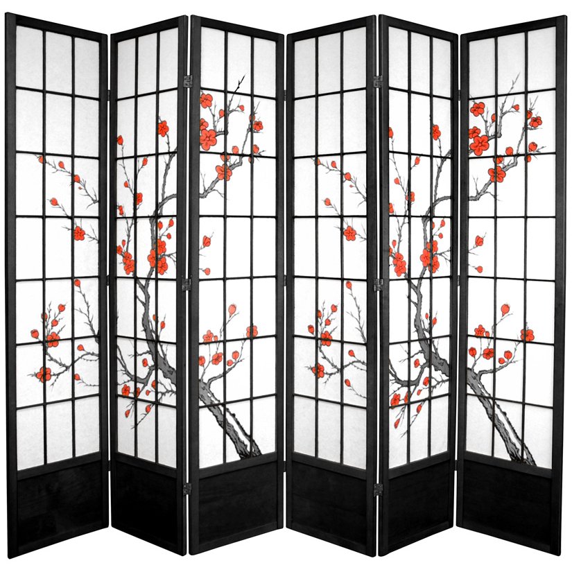 Oriental Furniture 7 ft. Tall Cherry Blossom Shoji Screen - 6 Panel - Black