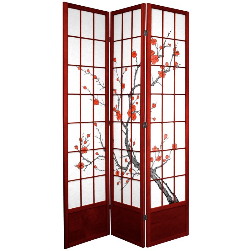 Oriental Furniture 7 ft. Tall Cherry Blossom Shoji Screen - 3 Panel - Rosewood