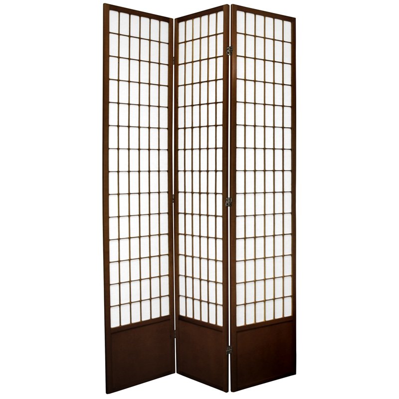 Oriental Furniture 7 ft. Tall Window Pane Shoji Screen - 3 Panel - Walnut