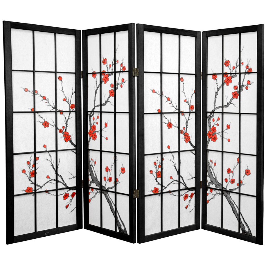 Oriental Furniture 4 ft. Tall Cherry Blossom Shoji Screen - 4 Panel - Black