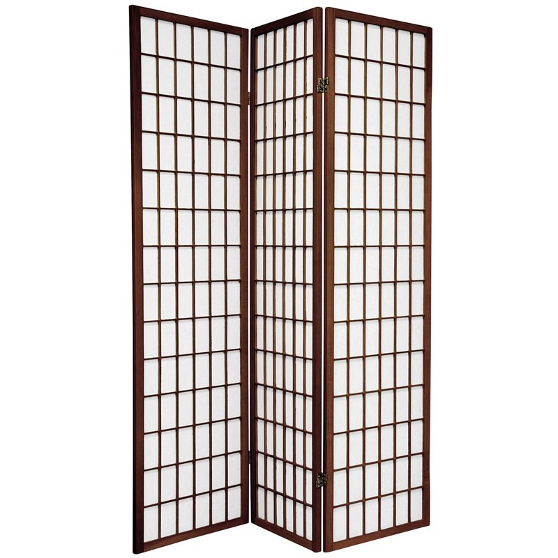 Oriental Furniture 6 ft Tall Window Pane Shoji Screen - 3 Panel - Walnut