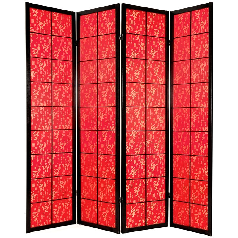 Oriental Furniture 6 ft. Tall Feng Shui w/ Red Fabric Shoji - 4 Panel