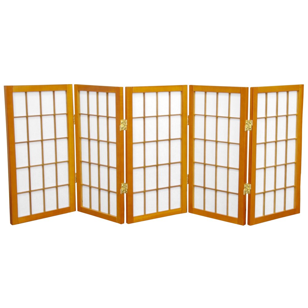 Oriental Furniture 2 ft. Tall Desktop Window Pane Shoji Screen - 5 Panel - Honey
