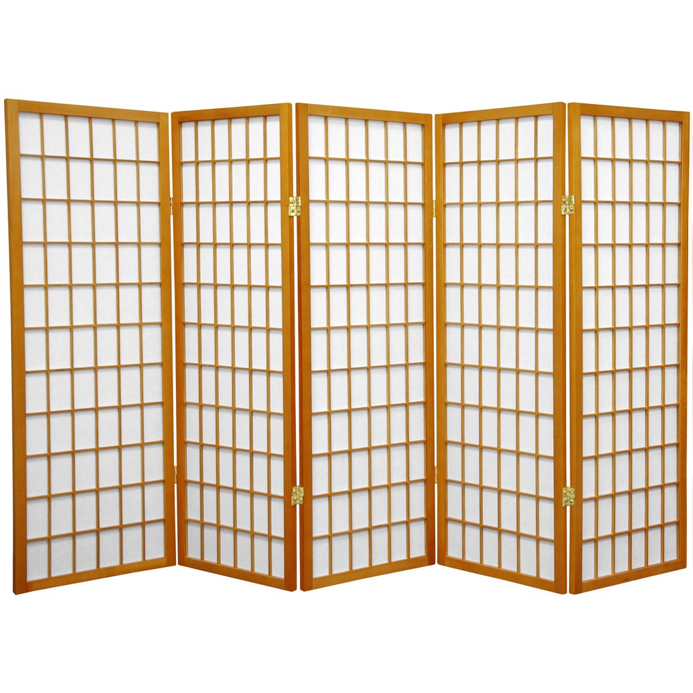 Oriental Furniture 4 ft. Tall Window Pane Shoji Screen - 5 Panel - Honey