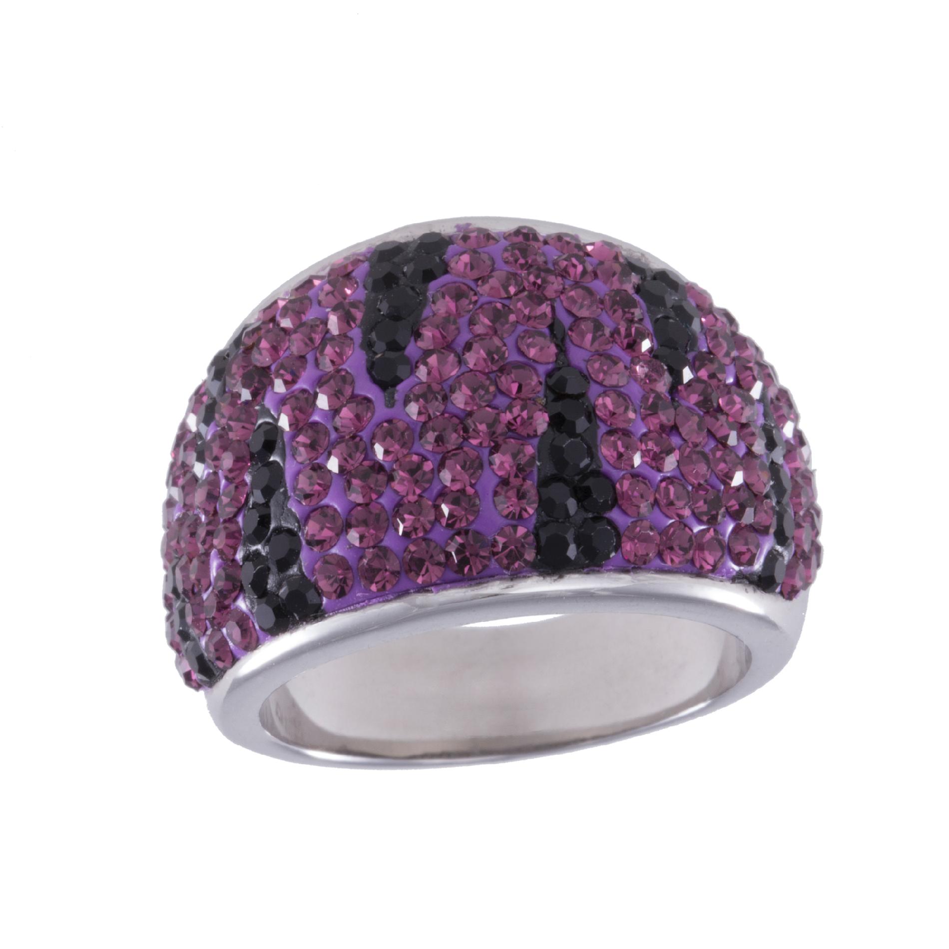 Stainless Steel Black & Purple Crystal Zebra Dome Ring