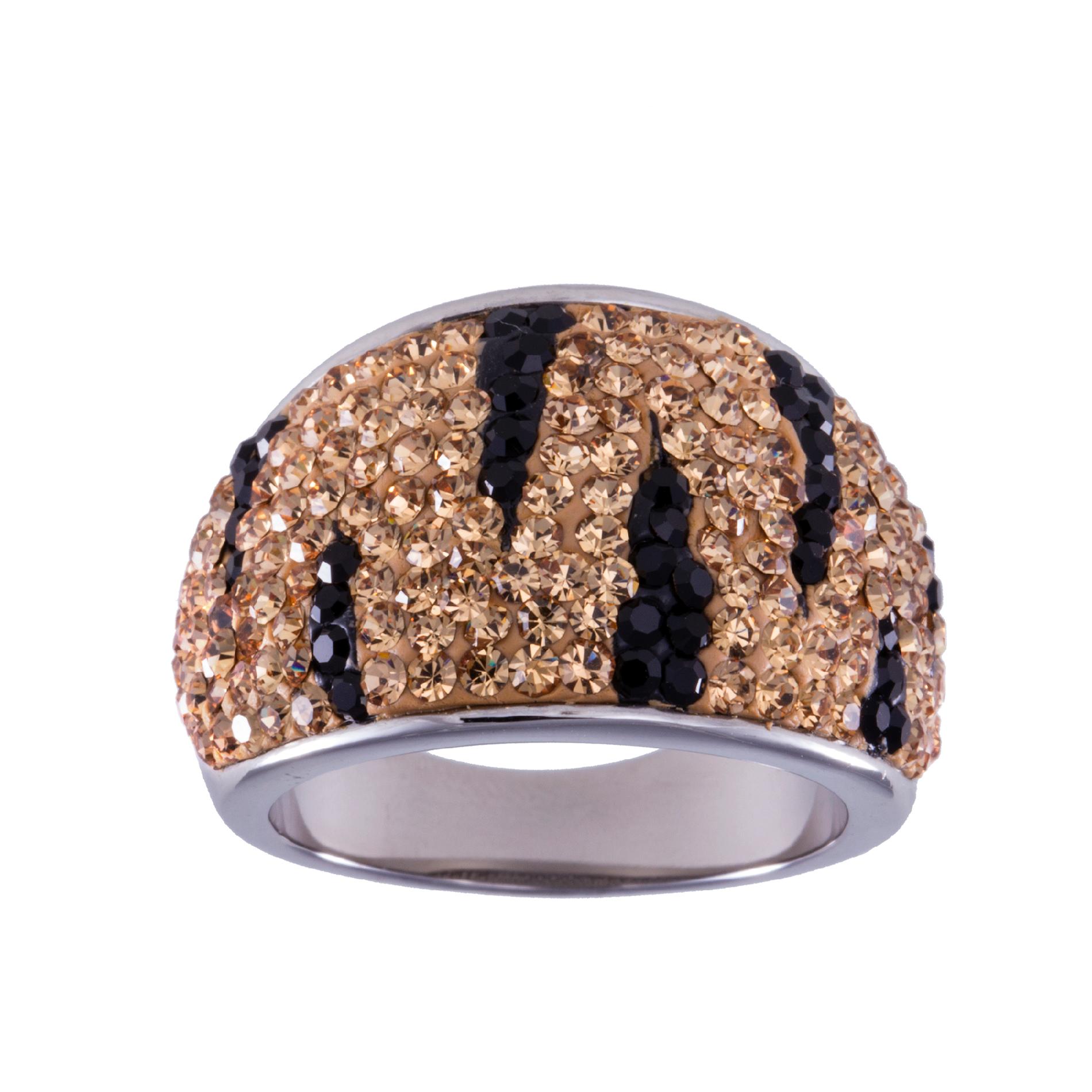 Stainless Steel Black & Champagne Crystal Zebra Dome Ring