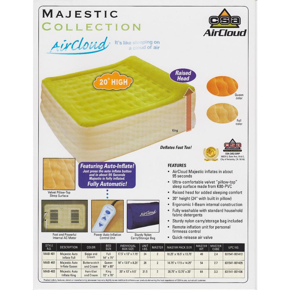 CSA MAB403 AirCloud Majestic King Auto Inflate Air Bed
