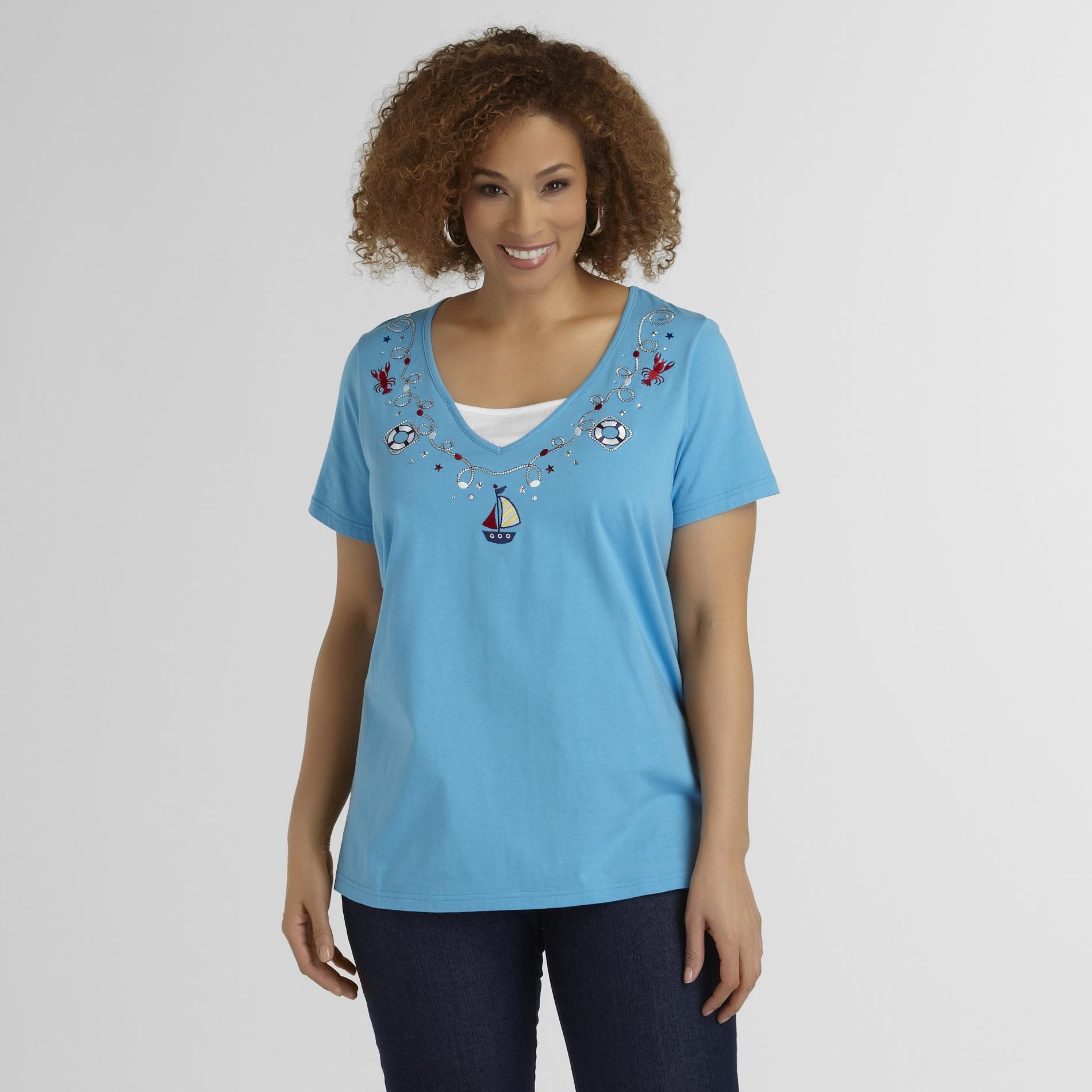Basic Editions Women's Plus Embroidered T-Shirt - Nautical