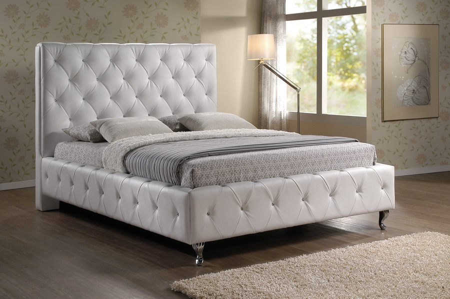 Baxton Studio Stella Crystal Tufted, Queen Bed With Cushioned Headboard