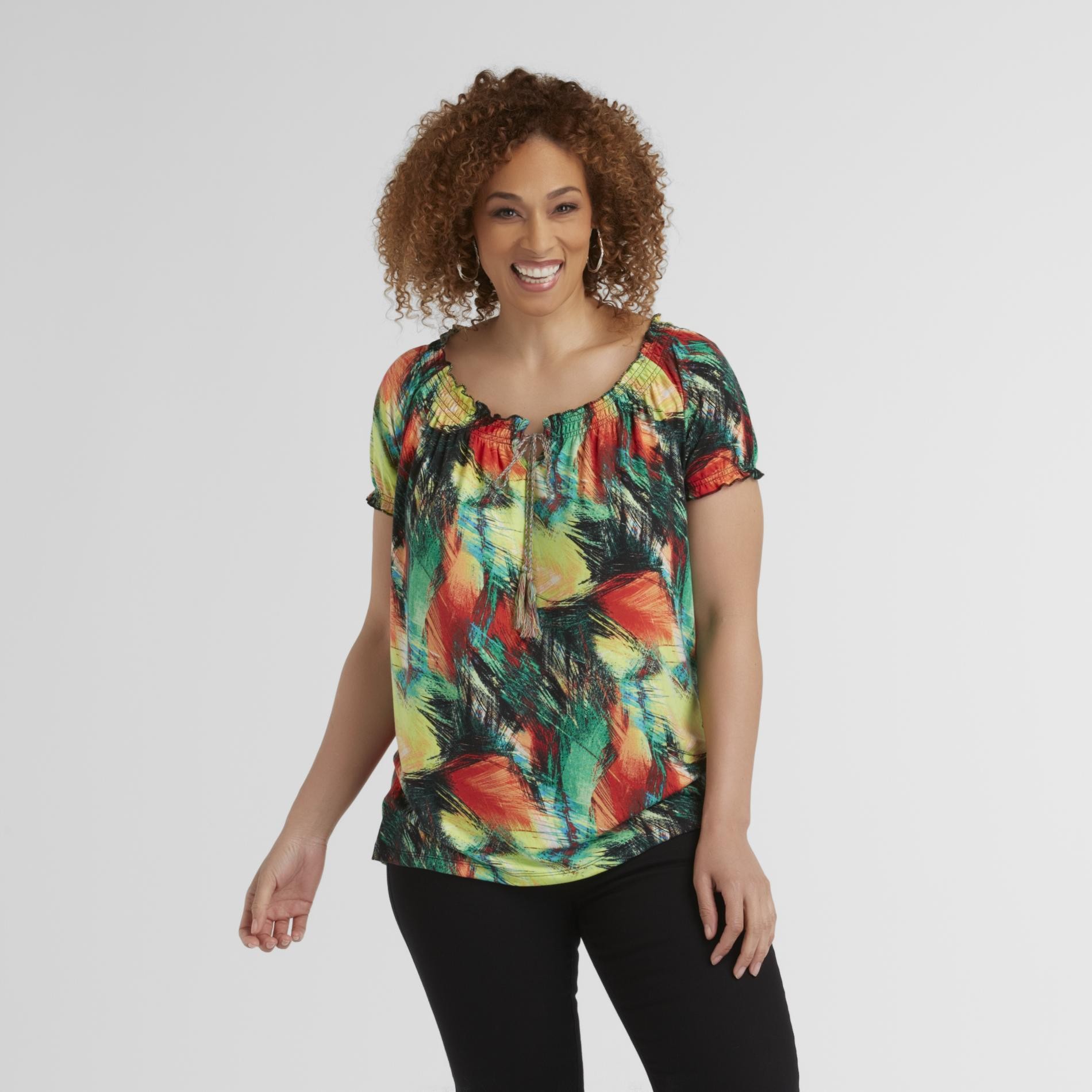 Beverly Drive Women's Plus Peasant Top - Abstract Print