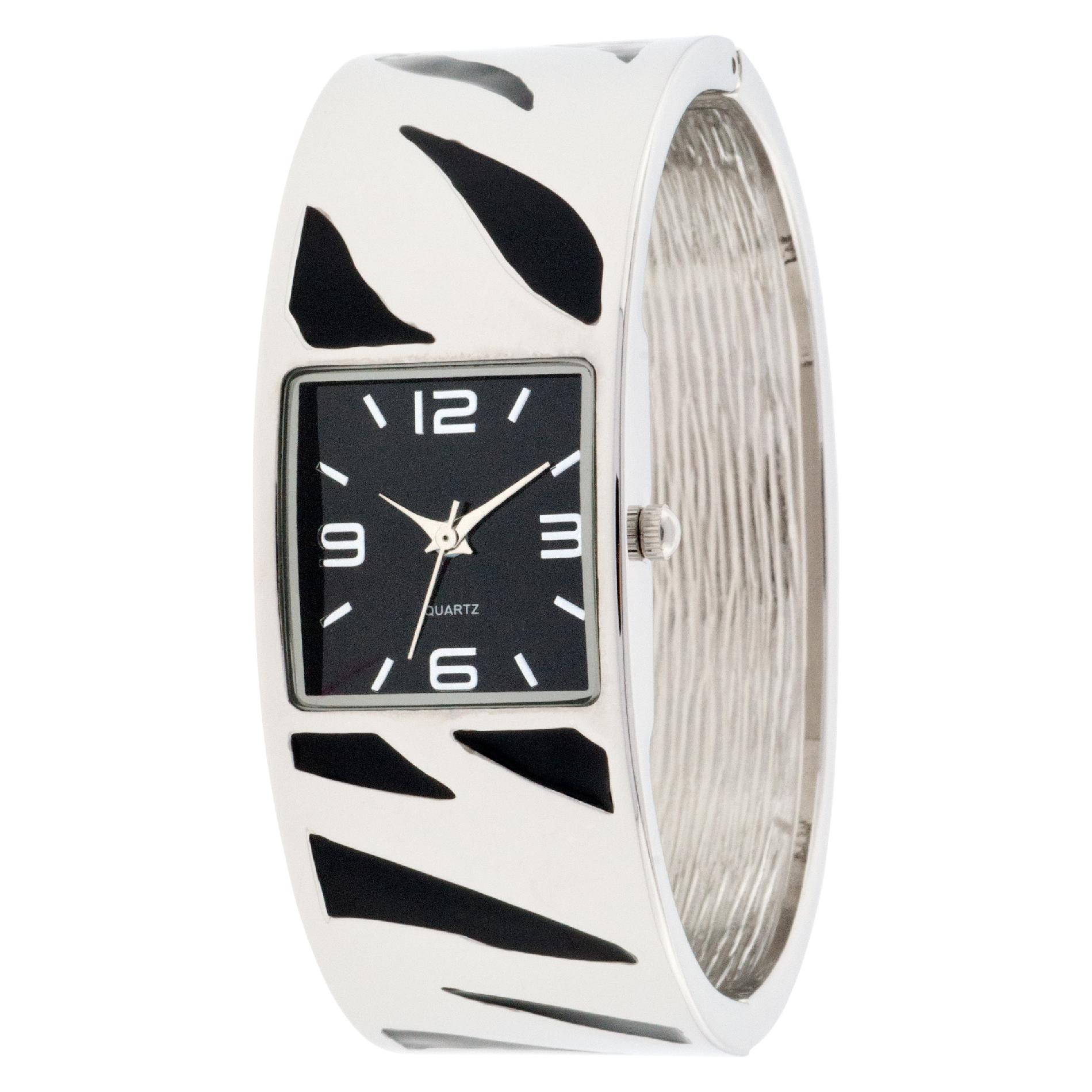 Ladies White & Black Enamel Stripe Hinged Bangle Watch w/ Black