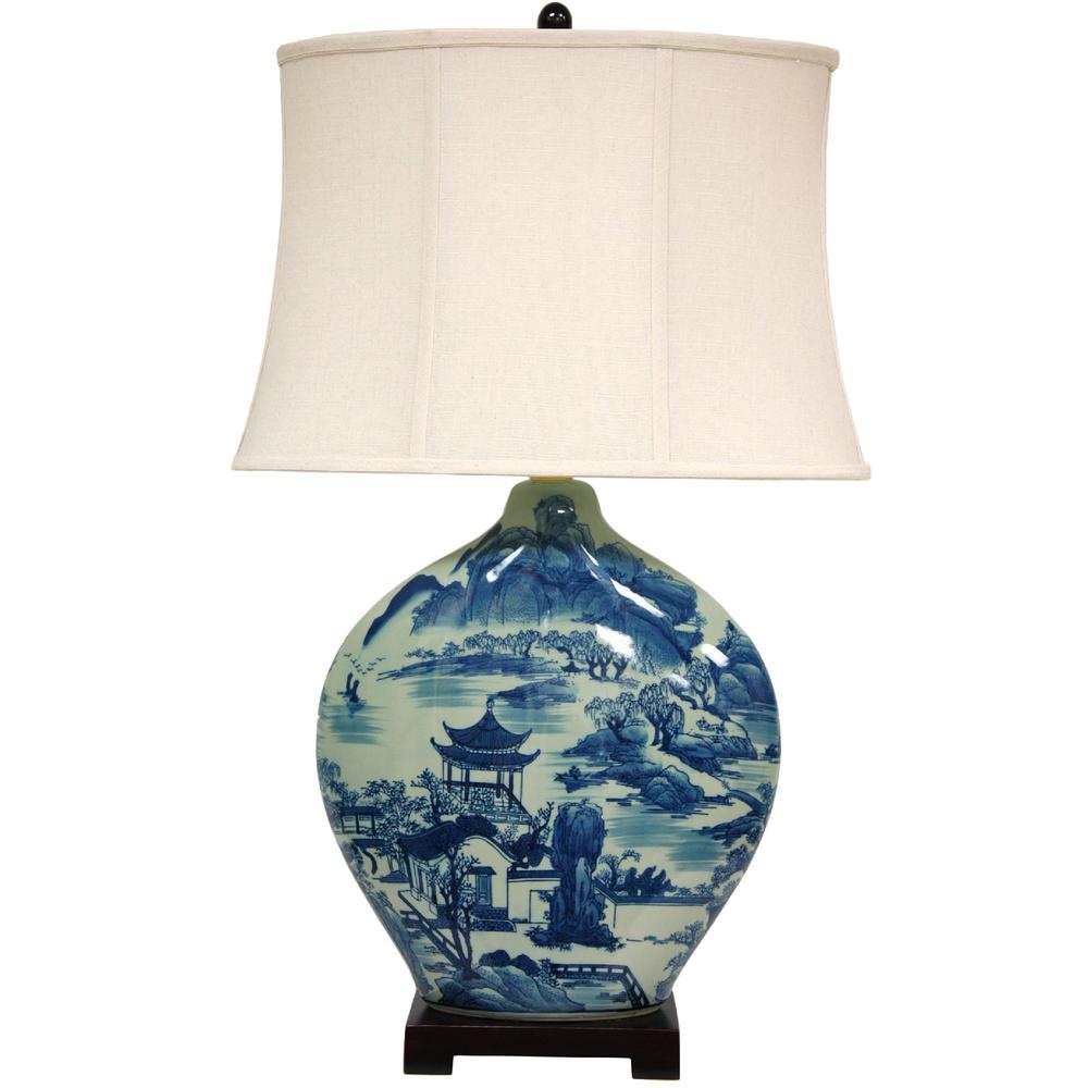 Oriental Furniture Blue and White Ming Landscape Vase Lamp
