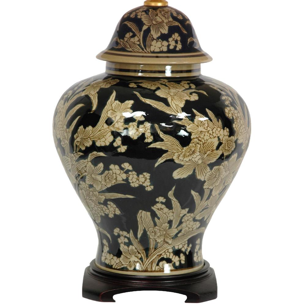 Oriental Furniture Black and Tan Floral Bouquet Vase Lamp