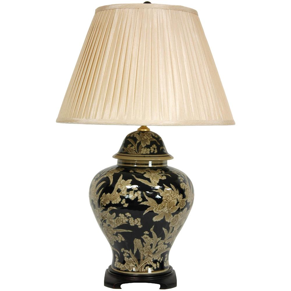 Oriental Furniture Black and Tan Floral Bouquet Vase Lamp