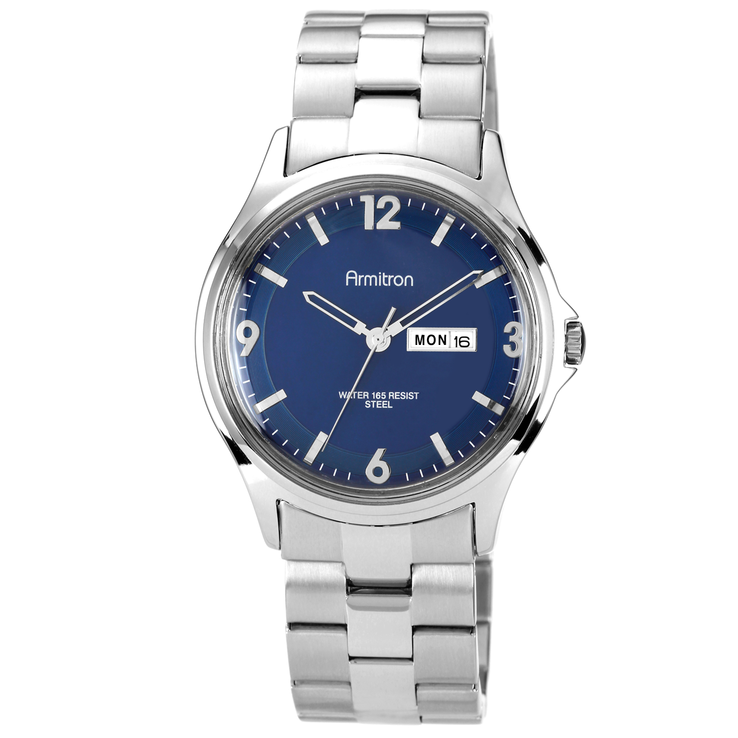 Armitron Men's Silver-tone Link Bracelet Watch w/ Blue Dial Day-Date