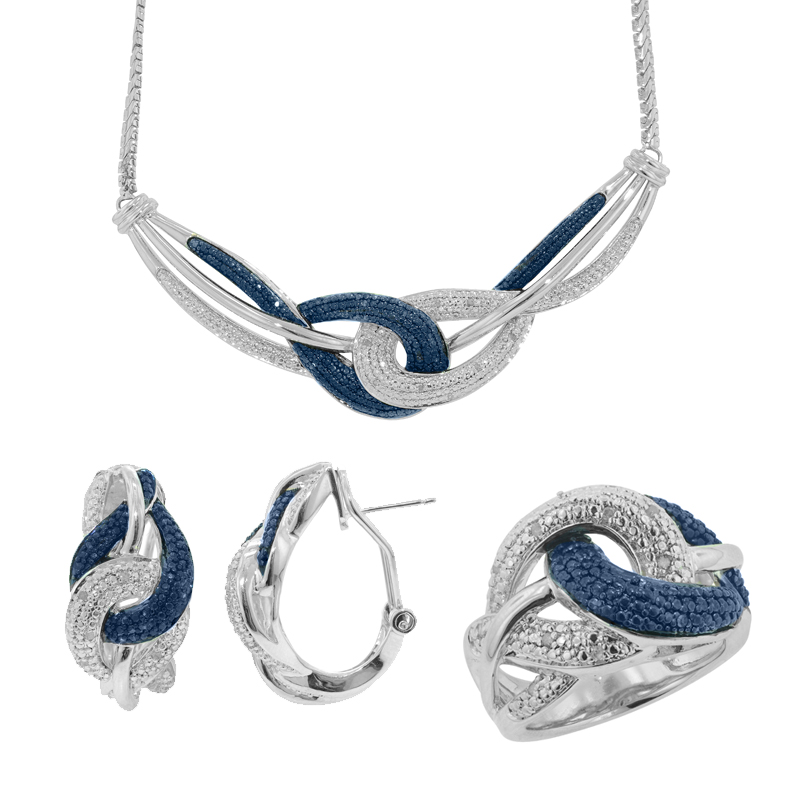 3 Piece 1/3 Cttw. Blue & White Diamond Pendant  Earrings & Accent Ring