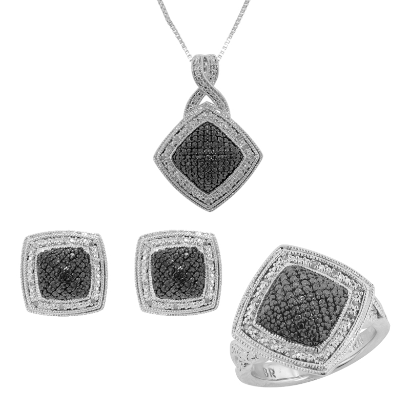 3 Piece 1/4 cttw Black & White Diamond Accented Rhodium Layered Brass Ring  Necklace & Earrings