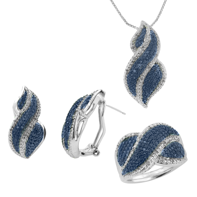 3-Piece 1/10 Cttw. Blue & White Finish Diamond Ring  Pendant and Earrings Set