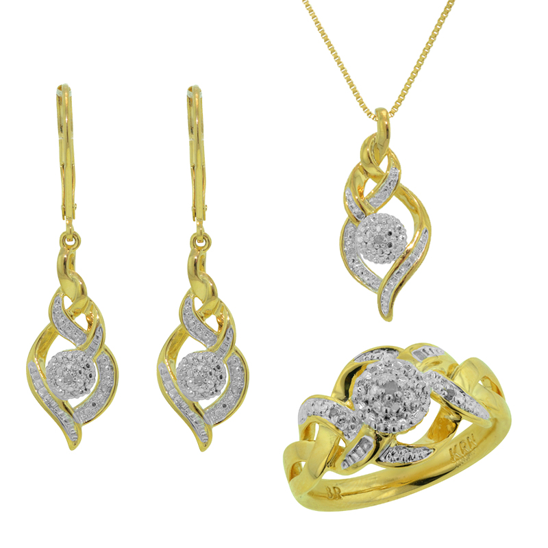1/10 CTTW 10K Yellow Gold Over Brass Diamond Pendant  Ring and Earrings Set