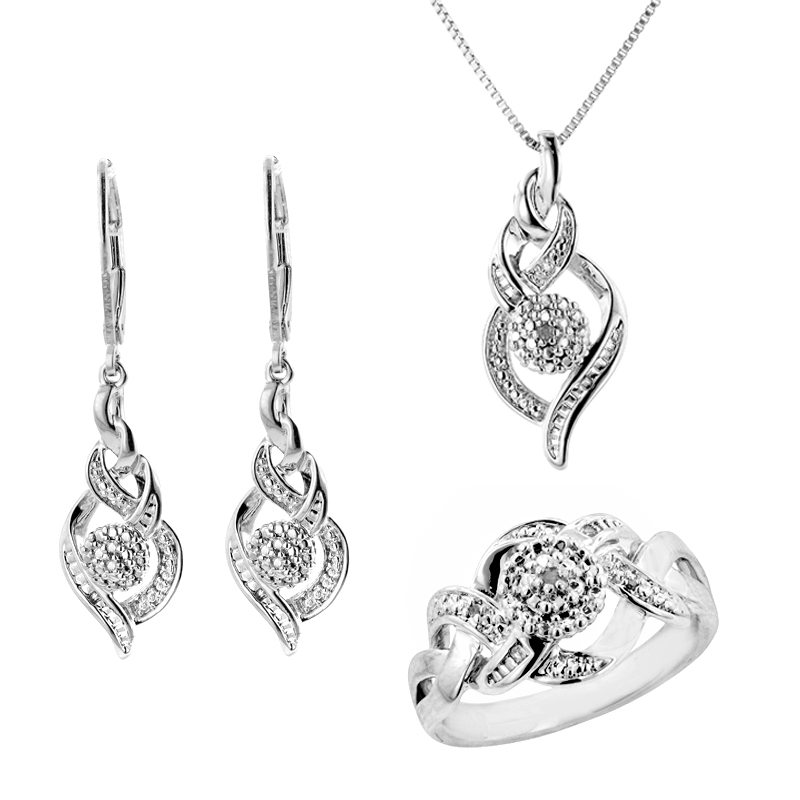3 Piece .10 cttw Rhodium Plated Braided Diamond Accent Ring  Pendant  and Earring Set