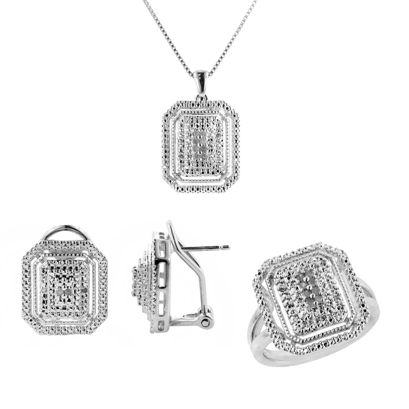 3 Piece 1/4 cttw Rhodium Plated Princess Halo Diamond Accent  Ring  Pendant  and  Earring Set