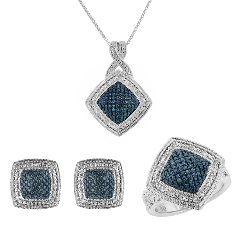 3 Piece 1/4 cttw Rhodium Plated Square Blue and White Diamond  Accent Ring  Pendant  and  Earring Set