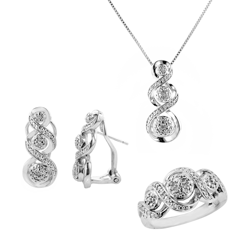 3 Piece .10 cttw Rhodium Plated Diamond Accent Ring  Pendant  and  Earring Set