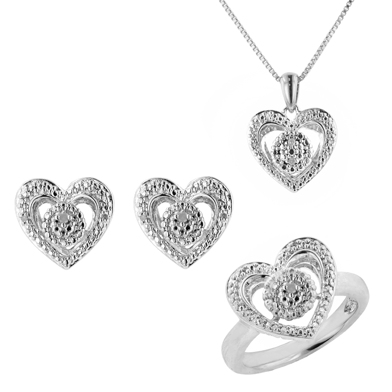3 Piece .10cttw Rhodium Plated Heart Diamond Accent Ring  Pendant  and Earring Set