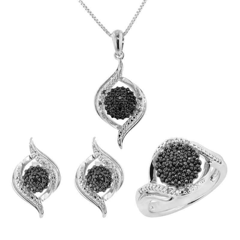 3 Piece .10cttw Round Rhodium Plated Diamond Accent Ring   Pendant  and Earring Set