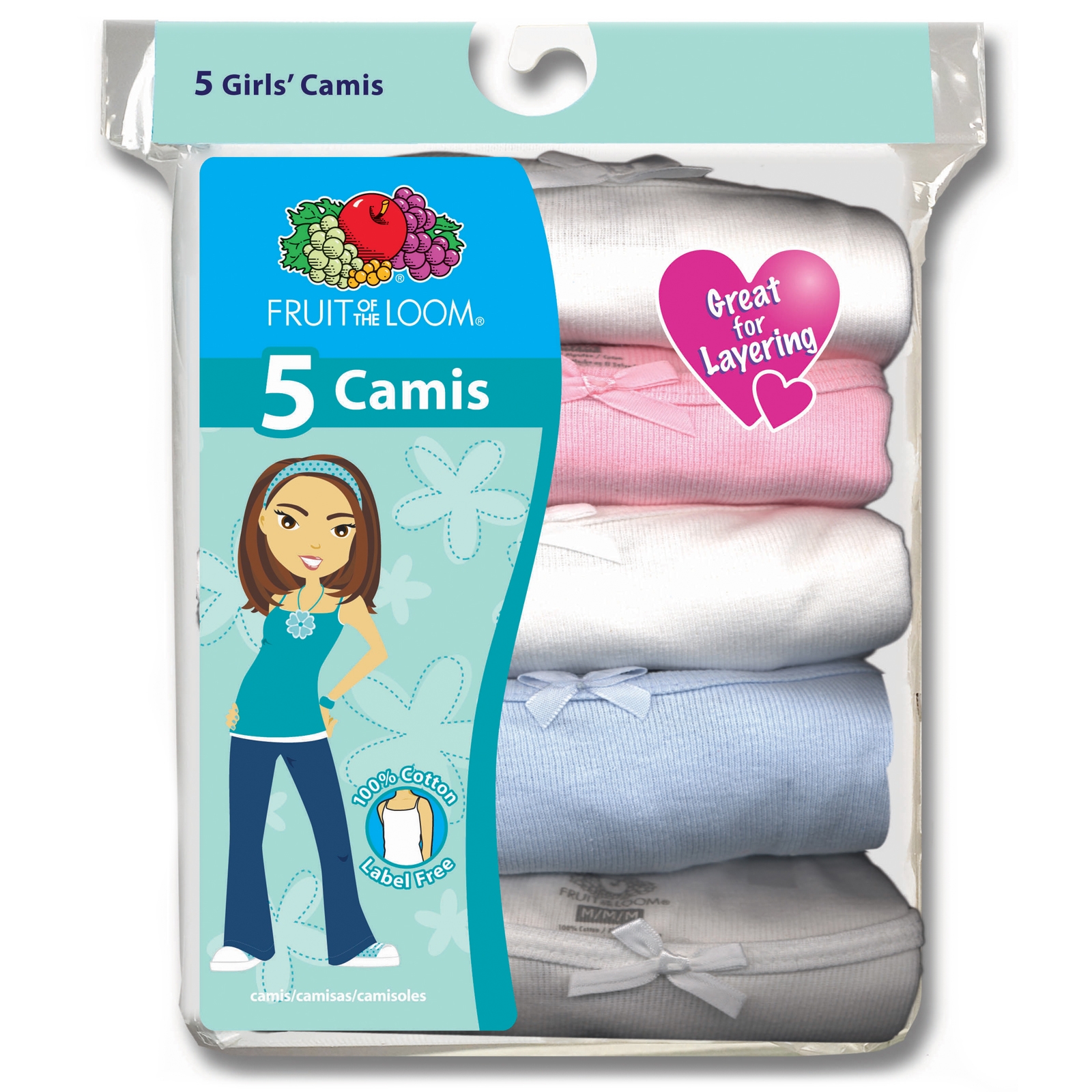 Fruit of the Loom Girls' 5 Pack Cotton Assorted Cami