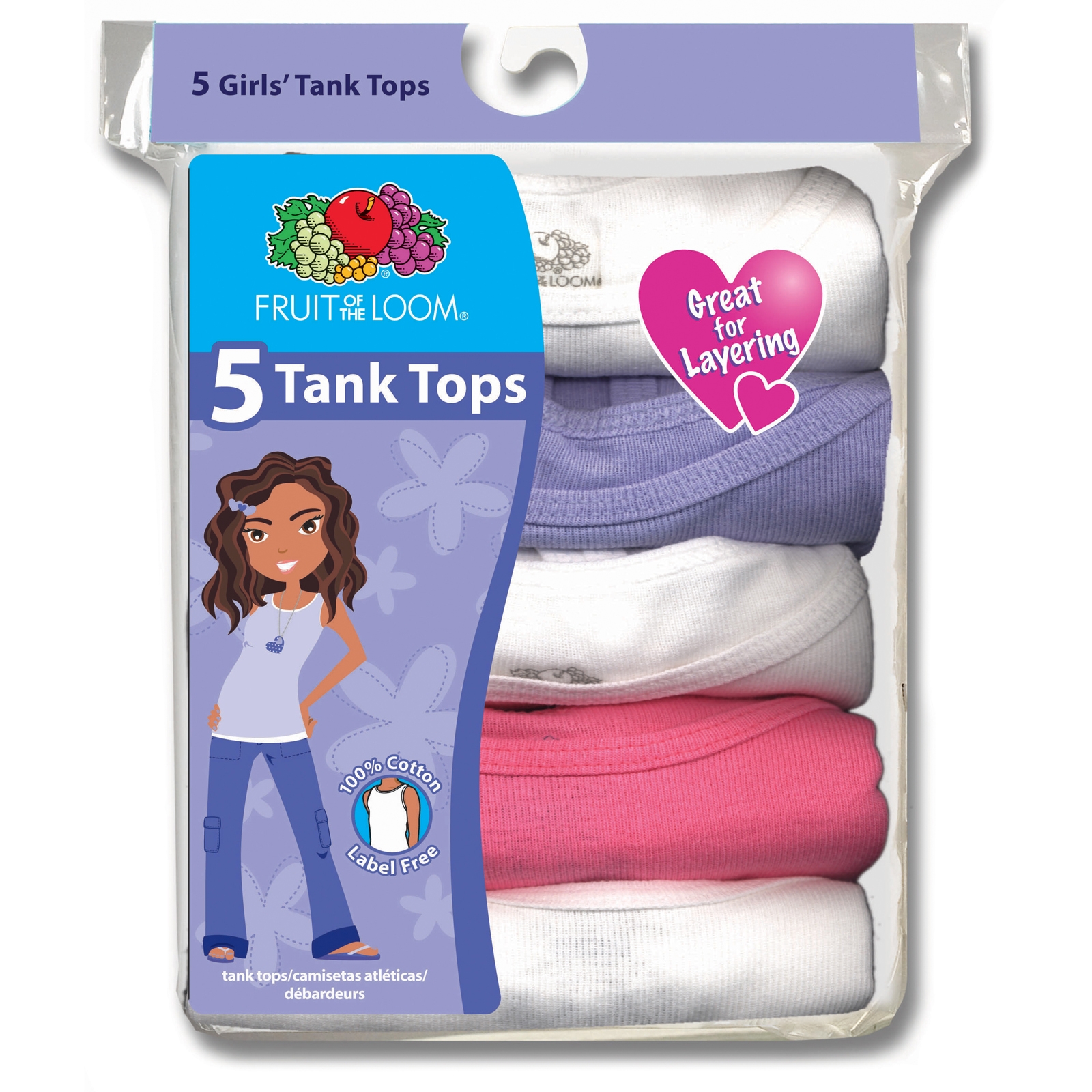 Fruit of the Loom Girls' 5 Pack Cotton Assorted Tank