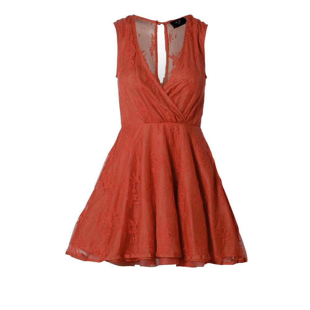 AX Paris Women&#8217;s Wrap V Front Lace Kickout Coral Dress - Online Exclusive