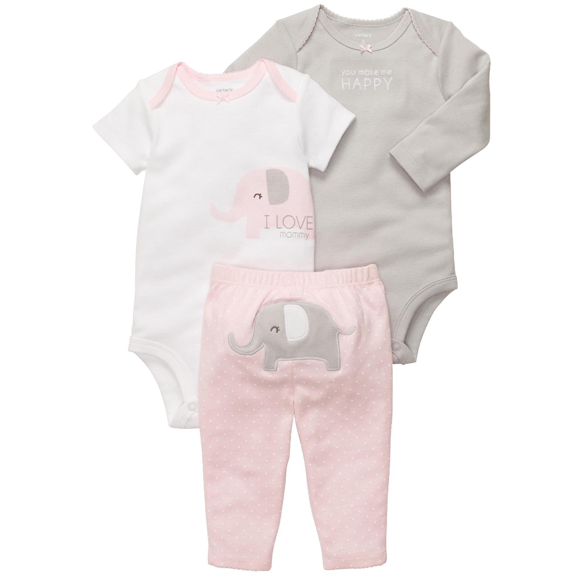 Carter's Newborn & Infant Girl's 3Pc Bodysuits & Pants - Elephant