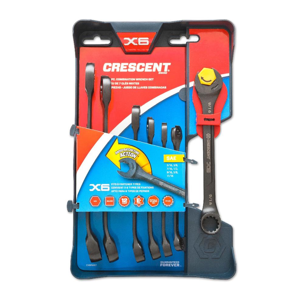 Crescent 7 Pc Combination Wrench Set with Ratcheting Open-End and Static Box-End, SAE