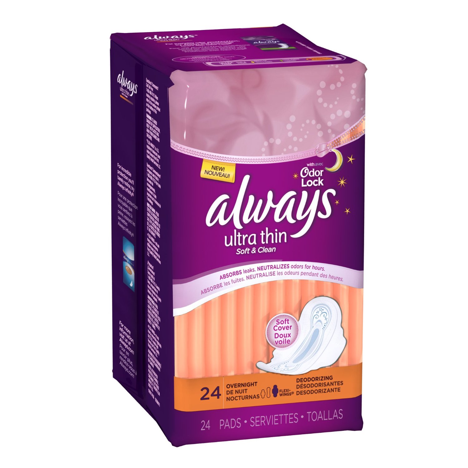 Always Ultra Thin Overnight Deodorizing Pads With Wings, 24 Pads