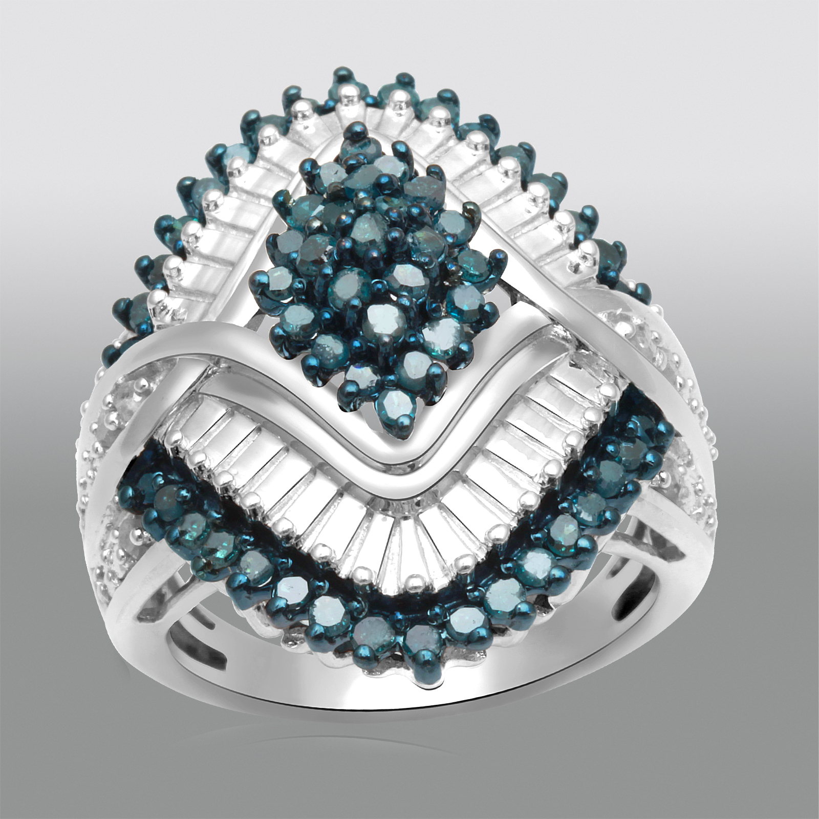 Blue and White Diamond Silver Finish Cluster Ring