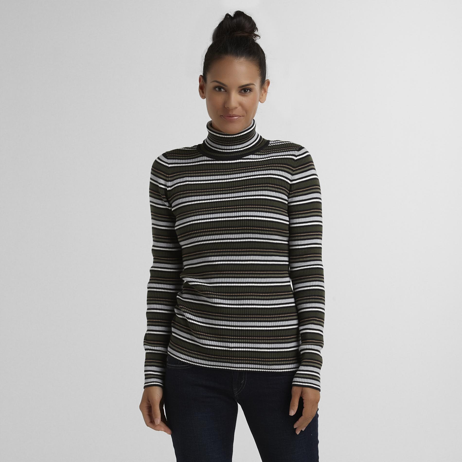 Basic Editions Women's Ribbed Knit Turtleneck - Striped