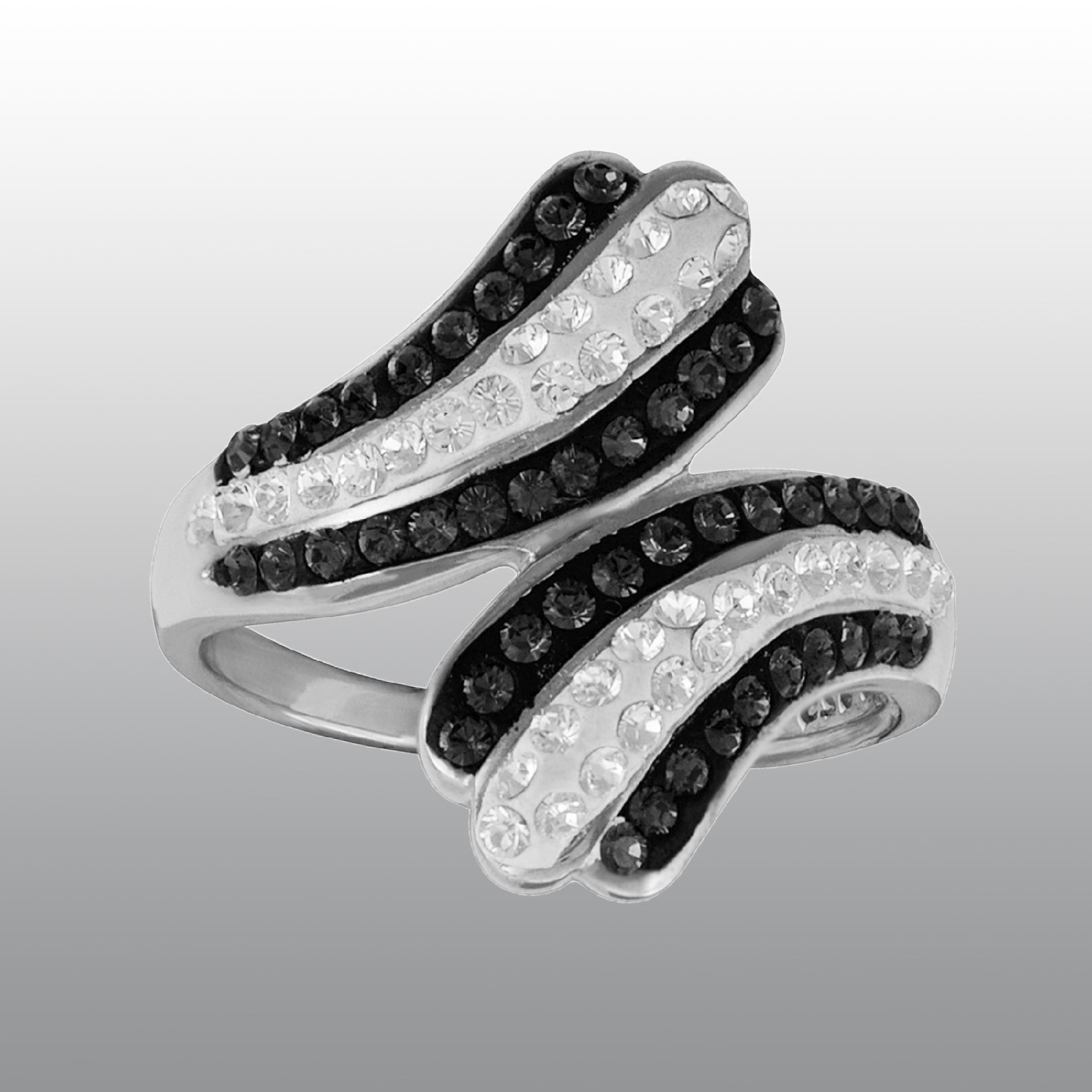 Sterling Silver Plated over Brass Pave Black and White Crystal Bypass Ring - Size 7 Only