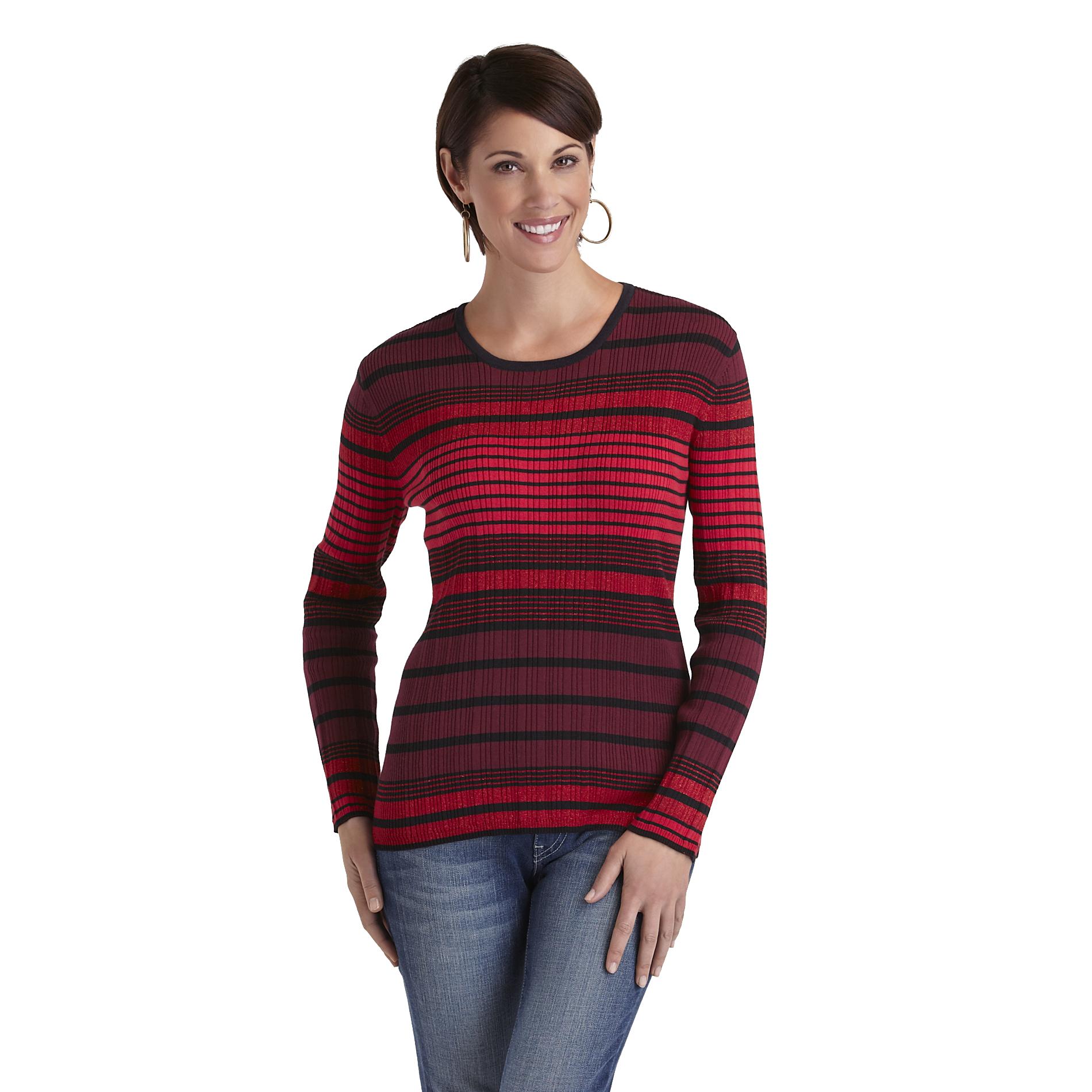 Laura Scott Women's Ribbed Crew Neck Sweater - Metallic Striped